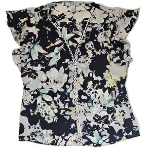 White House‎ Black Market Blouse Womens Small Black Floral V Neck Flutter Sleeve